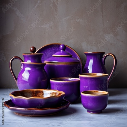 Purple Ceramic Tea Set on Marble Tabletop Still Life