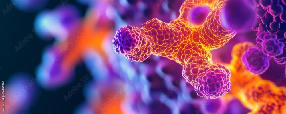 Fototapeta premium Protein folding glowing in orange and purple, abstract fluorescence microscopy art