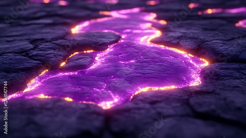 Glowing Purple Lava Flowing Through Dark Cracked Rock
