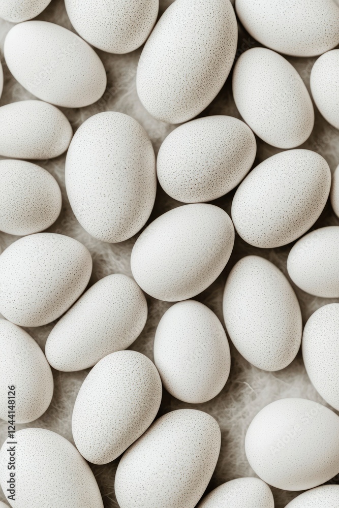 Many speckled white eggs nestled together softly Many speckled white eggs nestled together softly