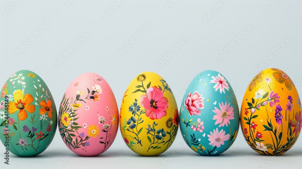 Row of easter eggs featuring black floral patterns against a white background with blank space Row of easter eggs featuring black floral patterns against a white background with blank space