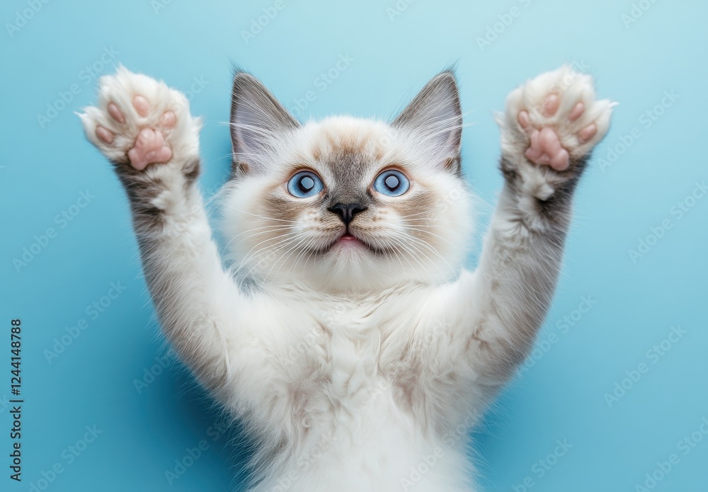 Obraz premium Playful Blue-Eyed Kitten with Outstretched Paws on Blue Background, Adorable Expression, Cute Feline Animal, Captivating Pet Photography