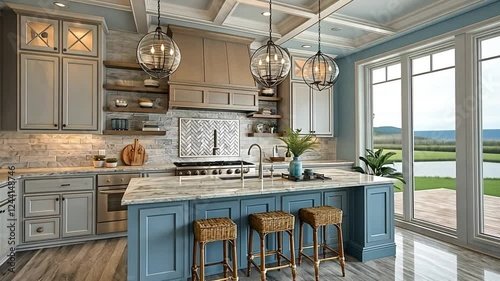 Elegant Coastal Kitchen Design with Stunning Lake View