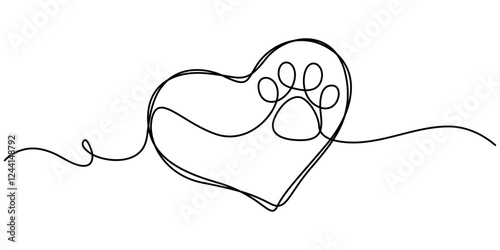 Heart with cat or dog paw in continuous one line drawing logo. Minimal line art. Animal foorprint in heart, Dog and cat paw hearts drawn in one continuous line. Dog paw prints in a heart frame.