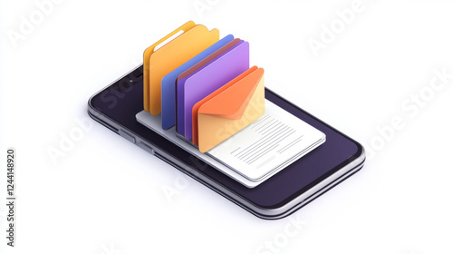 Mobile document manager business concept vector isometric illustration. Open online contract on digital smartphone screen, purple ultraviolet digital background, landing web page for application