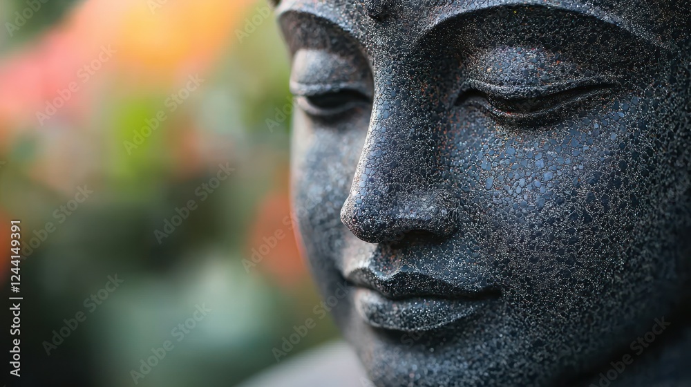 Peaceful Buddha statue close-up, garden setting, blurred flowers background Peaceful Buddha statue close-up, garden setting, blurred flowers background