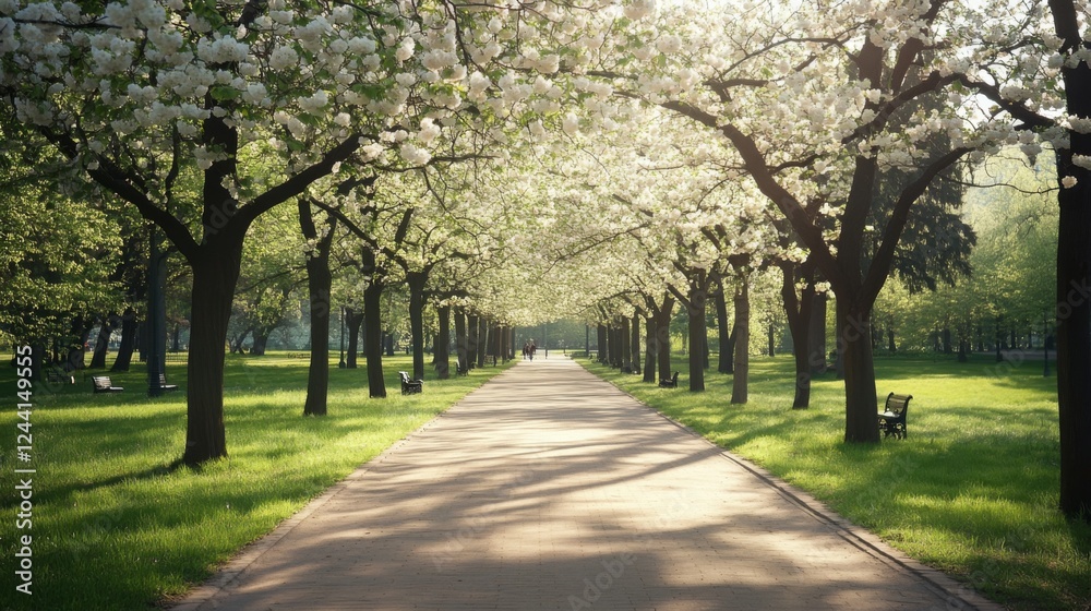 Couple strolling park path, blossom trees, sunny day, spring Couple strolling park path, blossom trees, sunny day, spring