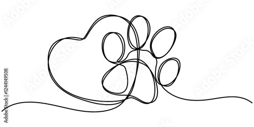 Heart with cat or dog paw in continuous one line drawing logo. Minimal line art. Animal foorprint in heart, Dog and cat paw hearts drawn in one continuous line. Dog paw prints in a heart frame.