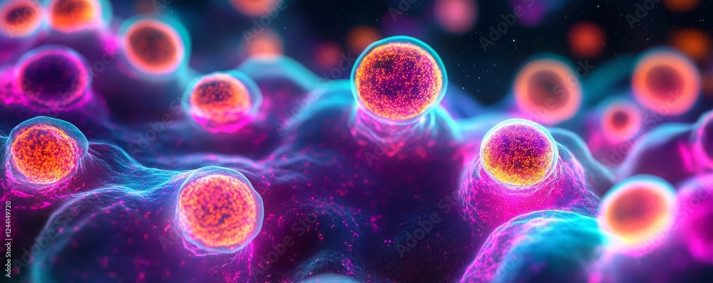 Vibrant fluorescent cancer metastasis cells glowing under UV light, dark background, bio-research focus