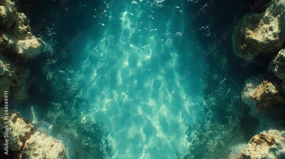 Naklejka premium Underwater rocks, sunlight, clear water, tranquil scene, nature background