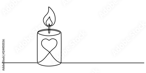 Burning fire candle with love continuous one line drawing, Continuous one line drawing candle burning flame. Black contour line simple minimalist graphic isolated vector illustration. Grief loss pro.