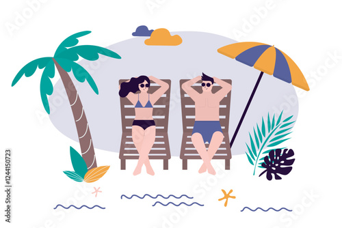 Summertime, concept. Tourists lying on deck chairs sunbathing under beach umbrella. Sea shore with palm trees, exotic hotel. Love couple on summer vacation, tropical resort.