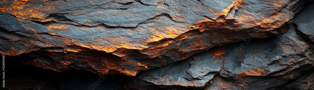A close-up view of textured rock layers, showcasing vivid orange rust against dark, weathered surfaces. A close-up view of textured rock layers, showcasing vivid orange rust against dark, weathered surfaces.