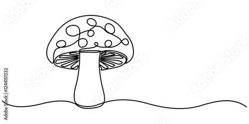 Mushroom food icon, Continuous one line drawing of edible mushroom. One line drawing illustration of mushroom. Fresh raw vegetable concept continuous line art. Editable outline, Abstract shaped bell. 