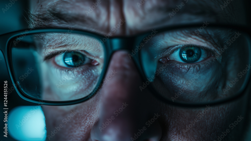 Weary Man Battling Eye Strain in Dimly Lit Office Environment Weary Man Battling Eye Strain in Dimly Lit Office Environment