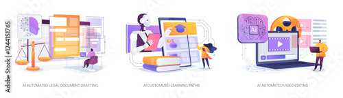AI Enhancing Law, Learning, and Media abstract concept vector illustrations.