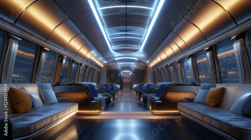 Fototapeta Naklejka Na Ścianę i Meble -  Fast modern express passenger train no high speed railway in hyperloop moving from flash light. Futuristic technology, hi tech future digital transport, hyperloop concept. Low pole 3d abstract