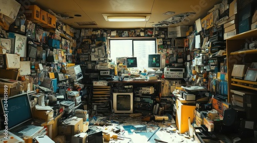 Cluttered retro tech room, workday scene, window light, storage