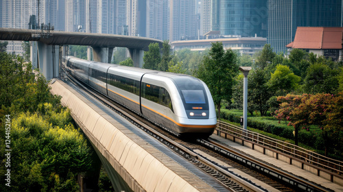 Fast modern express passenger train no high speed railway in hyperloop moving from flash light. Futuristic technology, hi tech future digital transport, hyperloop concept. Low pole 3d abstract