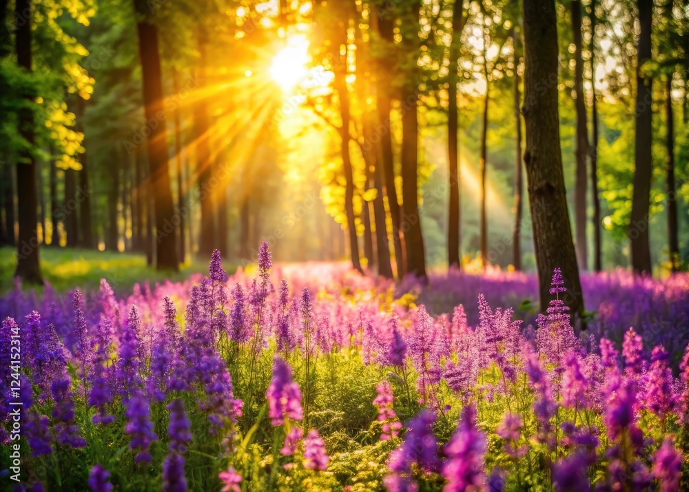 Obraz premium Woodland photography captures a sun-drenched meadow ablaze with purple wildflowers in springtime.