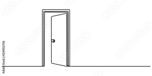 A modern line art depiction of an open door in one continuous line, Open door continuous one line drawing. Vector illustration, Door, Construction, House line icon, minimal concept style.