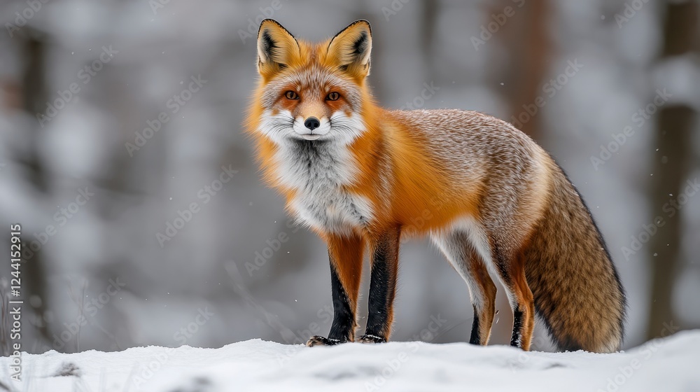 A solitary red fox stands on a snowy surface, showcasing its vibrant orange fur against a blurred wintery background. A solitary red fox stands on a snowy surface, showcasing its vibrant orange fur against a blurred wintery background.