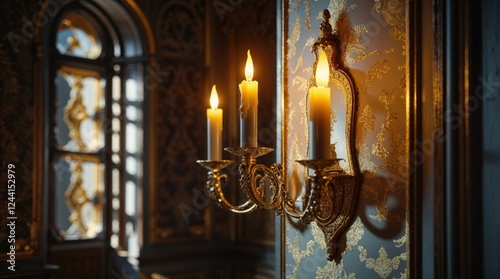 Golden candle wall sconce with three lit candles casts a warm glow against a richly patterned wall. The elegant design adds a touch of luxury to any room.