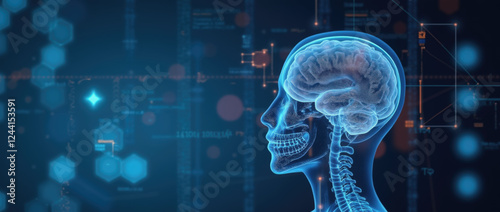 A side view of a human head with a visible brain in a glowing blue style. Behind, digital patterns and grid lines represent data connectivity and neural networks in a futuristic design photo