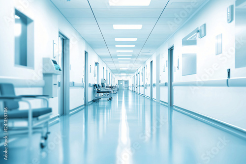 hospital passage lined with healthcare devices, illuminated ceiling panels photo