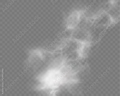 Realistic white smoke or mist effect with soft, swirling patterns on a transparent background. Perfect for overlays and atmospheric designs.