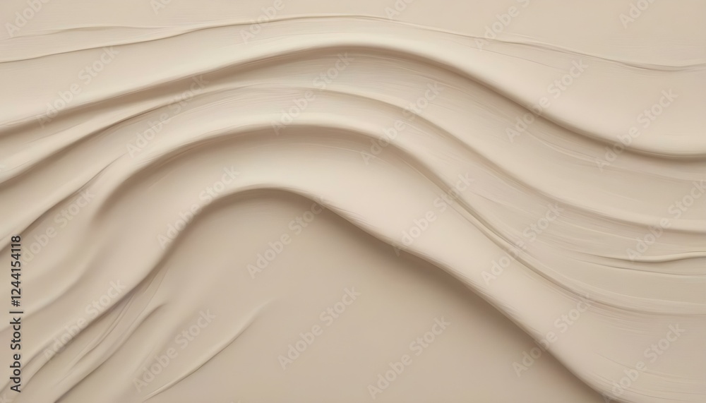 Fototapeta premium Sustancia de color beige cremoso que se extiende sobre una superficie, con texturas suaves y fluidas y sutiles variaciones de espesor. El fondo es de un color suave y neutro que complementa los tonos 