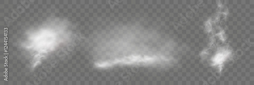 Realistic white smoke or mist effect with soft, swirling patterns on a transparent background. Perfect for overlays and atmospheric designs.