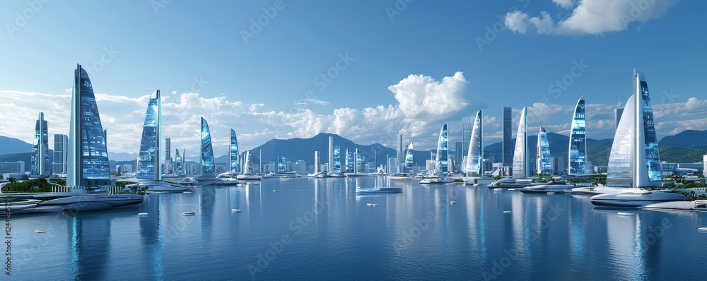 Fototapeta premium Futuristic sailing event in a high-tech marina coastal city digital art marine environment panoramic view innovation