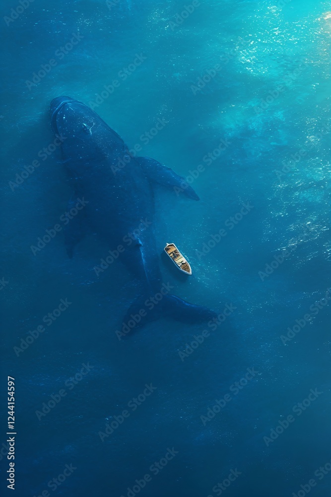 Obraz premium Aerial view of yacht and whale in deep blue ocean waters. World Ocean Day concept. Marine life and tourism. Adventure cruise boat near humpback whale. World Wildlife Day and eco tourism concept
