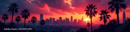Dramatic LA skyline at dusk, palm fronds silhouetted , photography, nature
