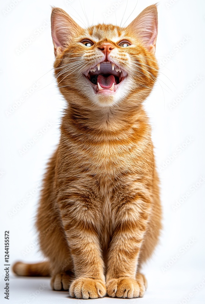 Obraz premium Playful orange tabby cat smiling joyfully on a bright background, showcasing its vibrant fur and engaging expression with sharp teeth exposed.