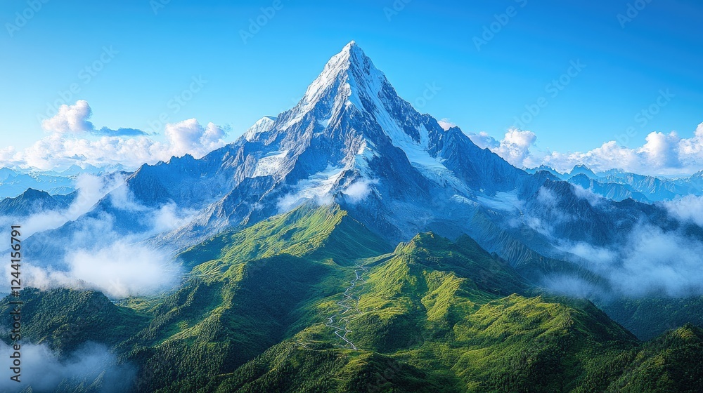 Majestic mountain peak surrounded by lush greenery and clouds under a clear blue sky. Majestic mountain peak surrounded by lush greenery and clouds under a clear blue sky.