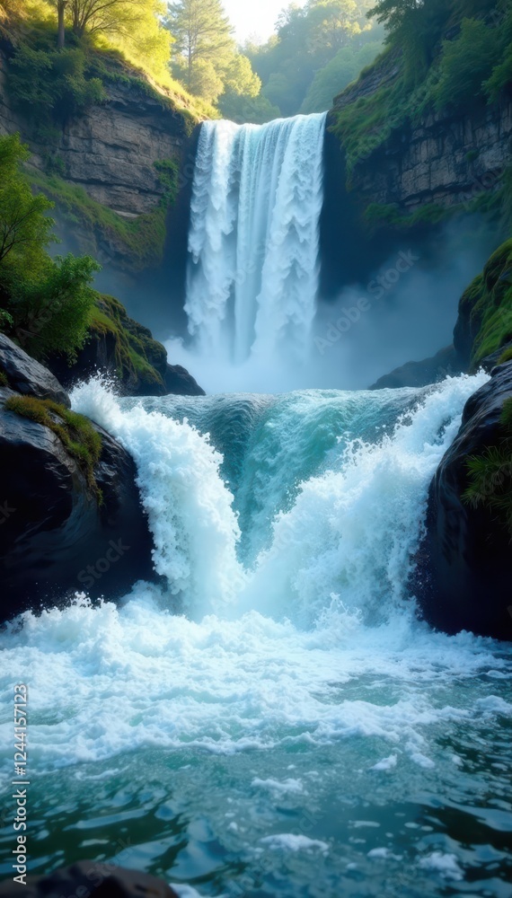 Obraz premium Foaming river receives powerful waterfall plunge, rocks, summer