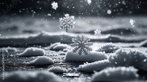 Delicate snowflakes gently fall onto a snowy surface, creating a serene winter scene. The contrast between the dark background and the bright snowflakes enhances the image's magical feel.