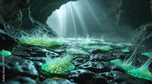 Glowing, otherworldly formations pulsate with ethereal light in a dark, mysterious cavern. An otherworldly scene.