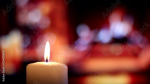 Burning candle on the background of a beautiful fireplace.