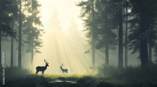 Majestic deer in misty sunrise forest, nature serenity