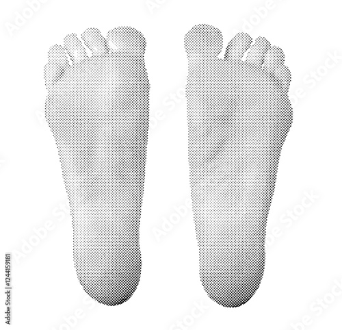 Feet. Vintage-style halftone illustration of a footprint, monochrome retro design. Vector isolated on white background.