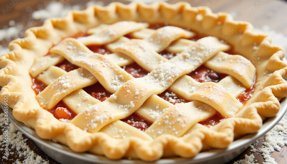 Delicious pie crust lattice design on baking tray, culinary art
