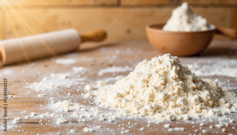 Flake pastry flour sprinkled on rustic kitchen table, baking inspiration Flake pastry flour sprinkled on rustic kitchen table, baking inspiration