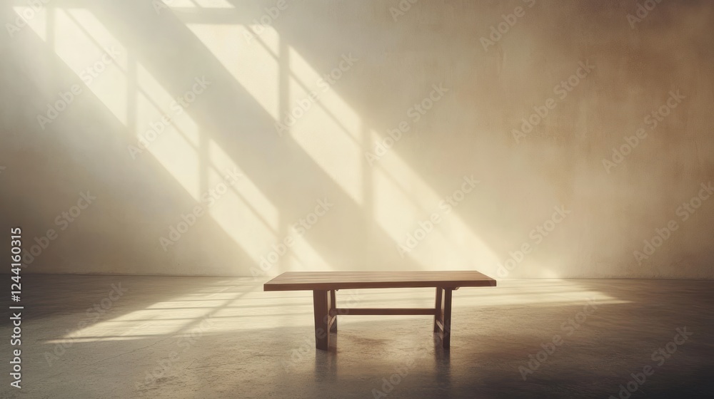 Sunlit studio table, minimalist interior, product display