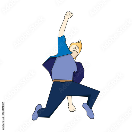 Young man jump high doing winner gesture celebrate clenching fists. Flat vector illustration isolated on white background