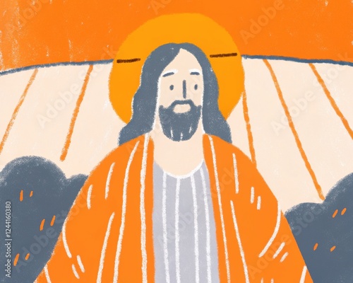 Illustrated jesus with halo and robe in vibrant orange background
