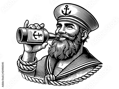 sailor in a captain hat, joyfully drinking rum from a bottle, maritime and nautical themes sketch engraving generative ai PNG illustration. Scratch board imitation. Black and white image. photo