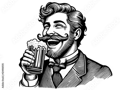 working-class man wearing a flat cap and overalls, drinking from a beer bottle, symbolizing relaxation and hard work sketch engraving generative ai PNG illustration. Scratch board. Black and white.